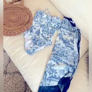Beautiful blue and white toile swimsuit and sarong Small, fits a 2-4